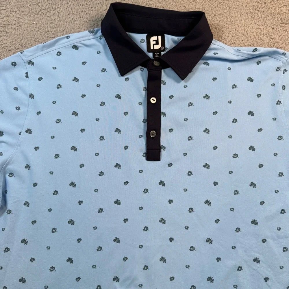 FootJoy‎ Mens XL Golf Polo Shirt Light Blue Flower Print Stretch Short Sleeve